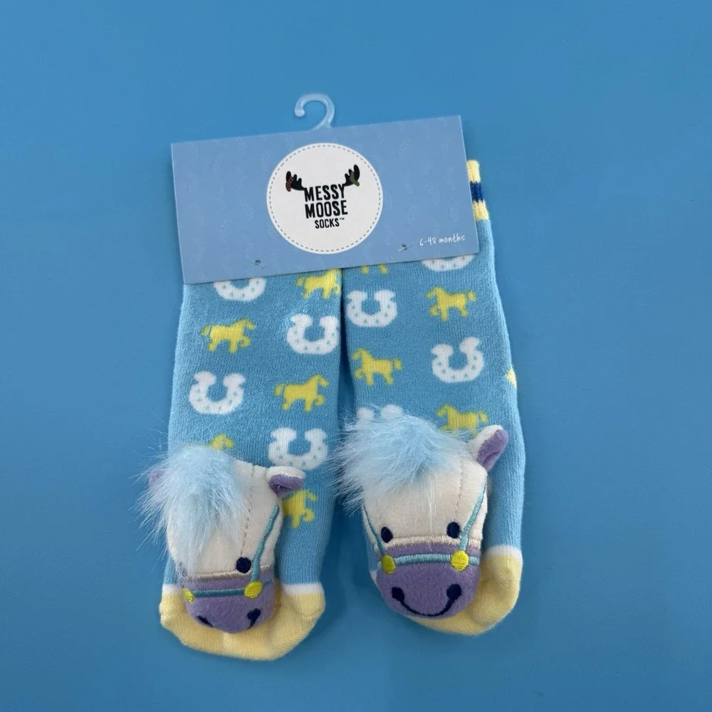 Messy Moose Baby Socks Plush Horse Horseshoe Print Blue 6–48 Months New